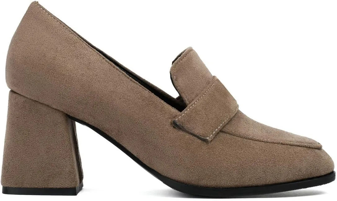 DINTAHA Suede Chunky Heeled Loafers Square Toe Dress Pumps Slip On Business Casual Shoes