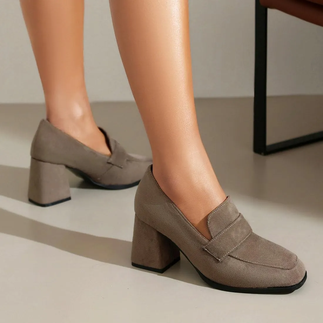 DINTAHA Suede Chunky Heeled Loafers Square Toe Dress Pumps Slip On Business Casual Shoes