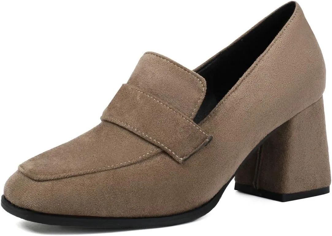 DINTAHA Suede Chunky Heeled Loafers Square Toe Dress Pumps Slip On Business Casual Shoes