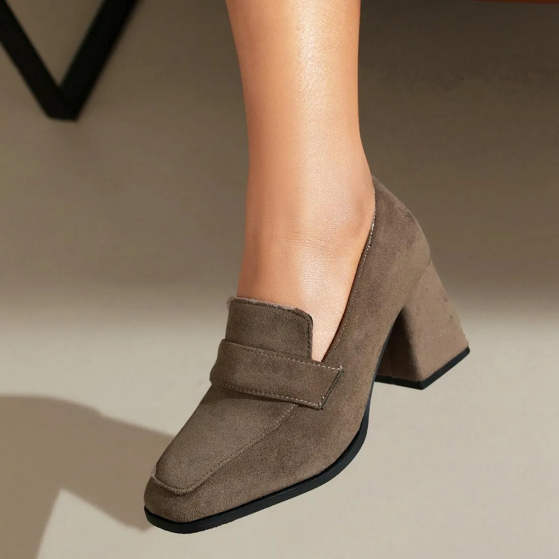 DINTAHA Suede Chunky Heeled Loafers Square Toe Dress Pumps Slip On Business Casual Shoes