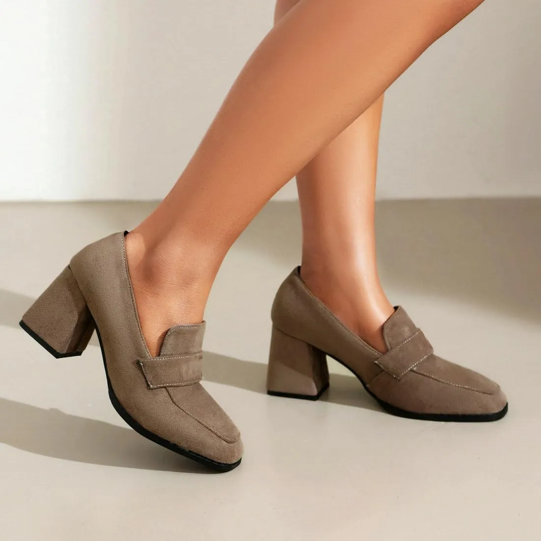 DINTAHA Suede Chunky Heeled Loafers Square Toe Dress Pumps Slip On Business Casual Shoes