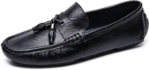 Easy to Put and Remove Smoking Loafer for Men Tassel Genuine Leather Round Toe Stitching Details Resistant Flat Heel Soft Walking Slip On for All Occasions (Color : Black, Size : 6.5)