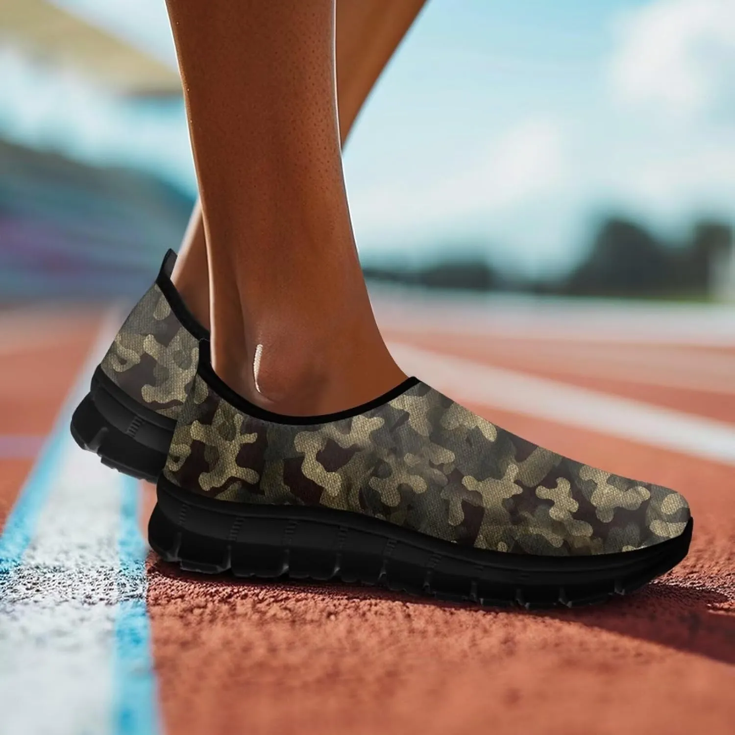 Howilath Camo Print Slip on Loafers for Women Anti-Skid Running Sneakers Fashion Trekking Shoes for Travel Camping