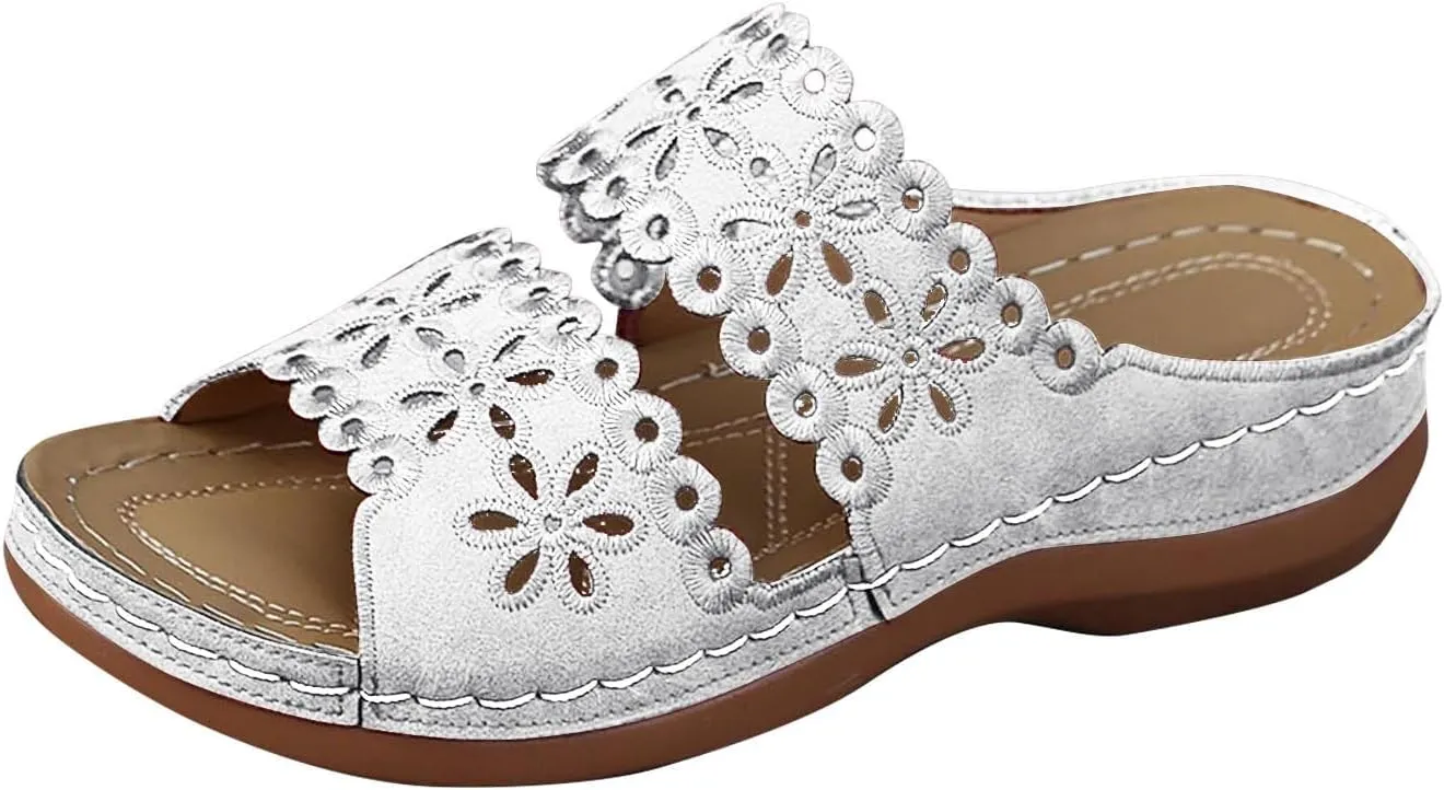 Women's Soft Sole Flat Shoes Casual Large Size Solid Hollow Sandals Drag Beach Slope Sandals with Arch Support